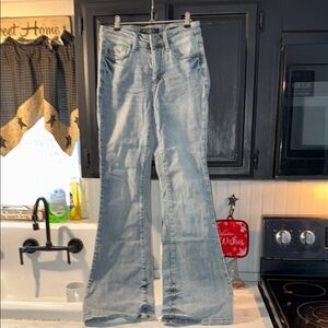 Blue Flare Wide Leg Jeans with Vintage Wash